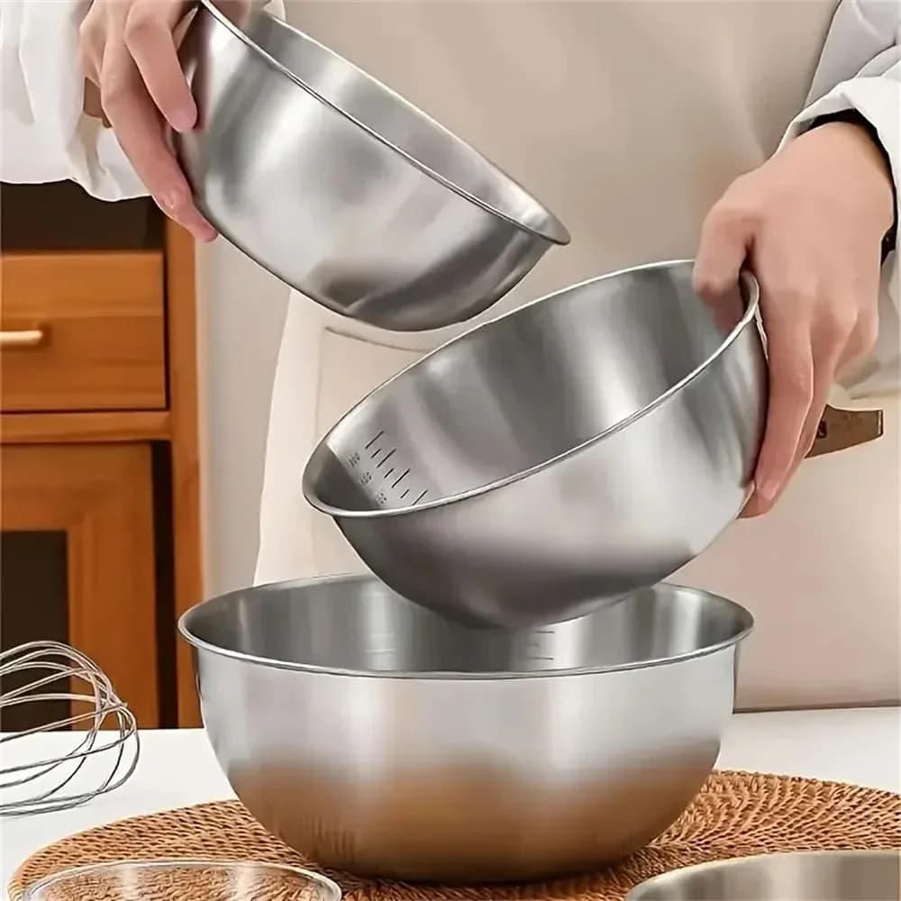 Bộ thau trộn inox có vạch chia dung tích cho làm bánh, nấu nướng và bảo quản thực phẩm nhà bếp