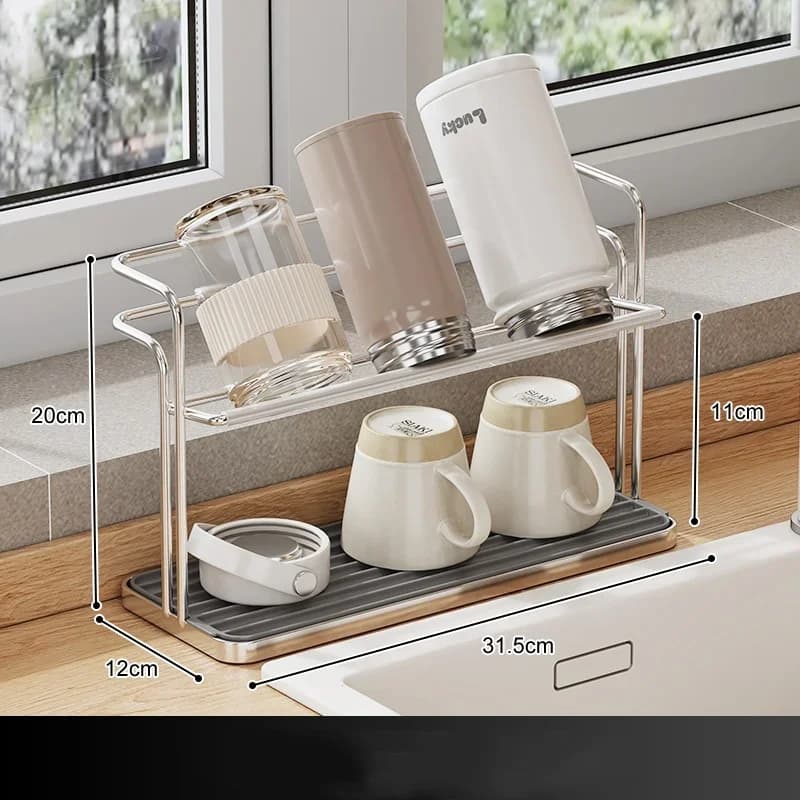 Giá Úp Cốc Chén Inox 2 Tầng Kèm Khay Hứng Nước Tiện Lợi Cho Nhà Bếp