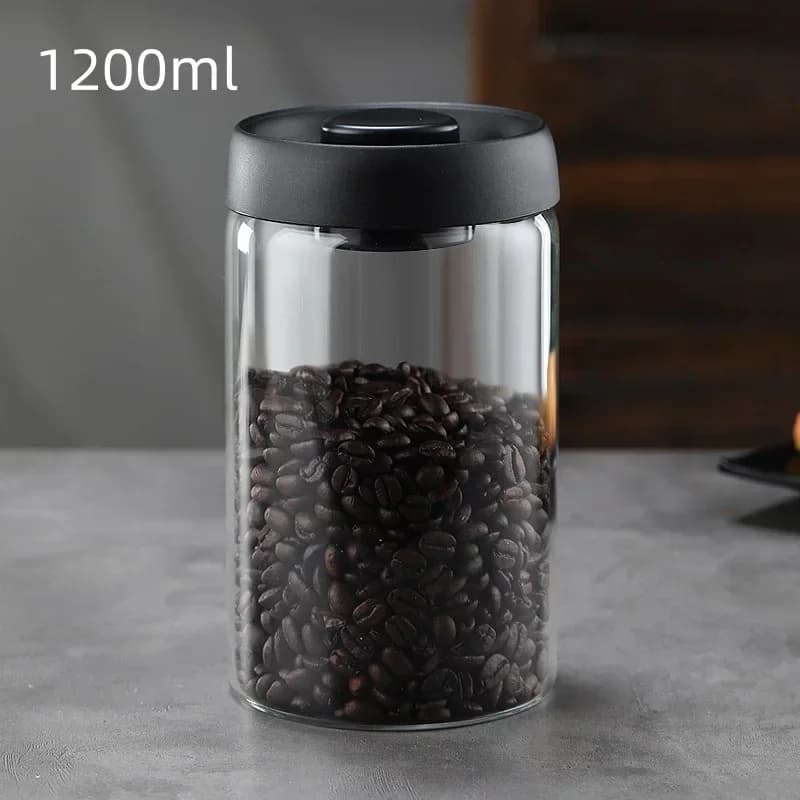 Hũ thủy tinh hút chân không nắp đen bảo quản hạt cà phê, trà chống ẩm đa dung tích