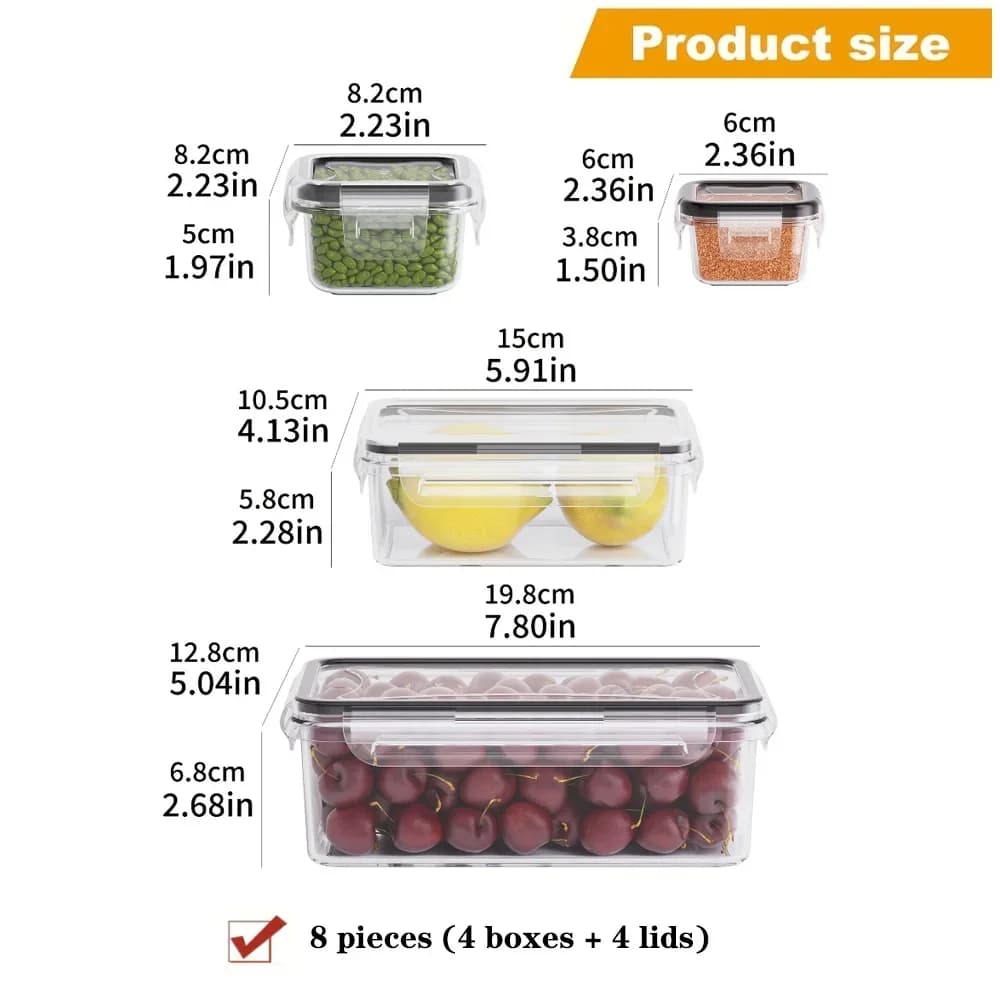 Bộ 8 hộp bảo quản thực phẩm kín khí không chứa BPA có nắp khóa - Nhựa PP dùng được cho lò vi sóng/ngăn đông đựng đồ khô/trái cây/rau củ