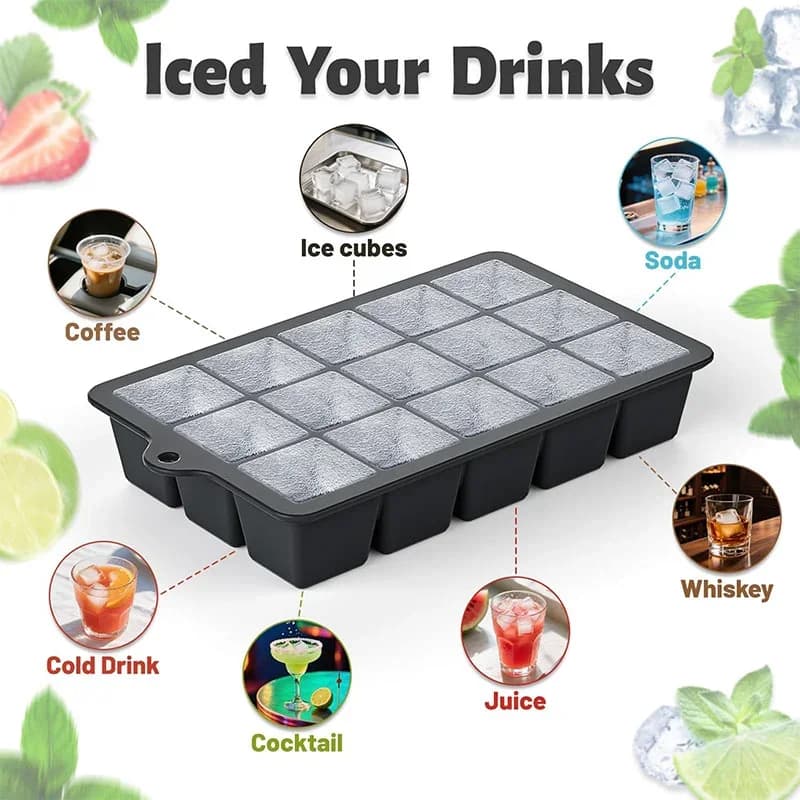 Bộ 2 Khay Đá Silicon 15 Ô Có Nắp Đậy Tái Sử Dụng Cho Rượu Whiskey, Cocktail, Cà Phê