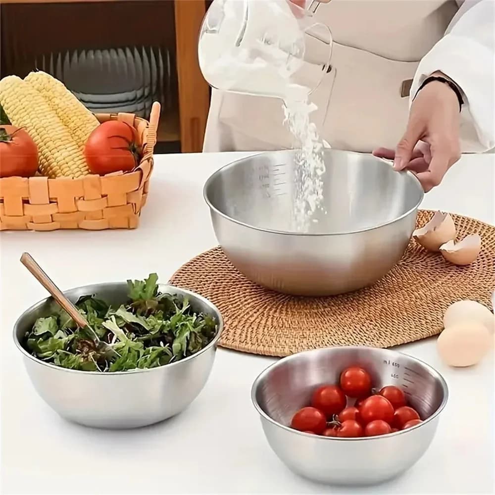 Bộ thau trộn inox có vạch chia dung tích cho làm bánh, nấu nướng và bảo quản thực phẩm nhà bếp