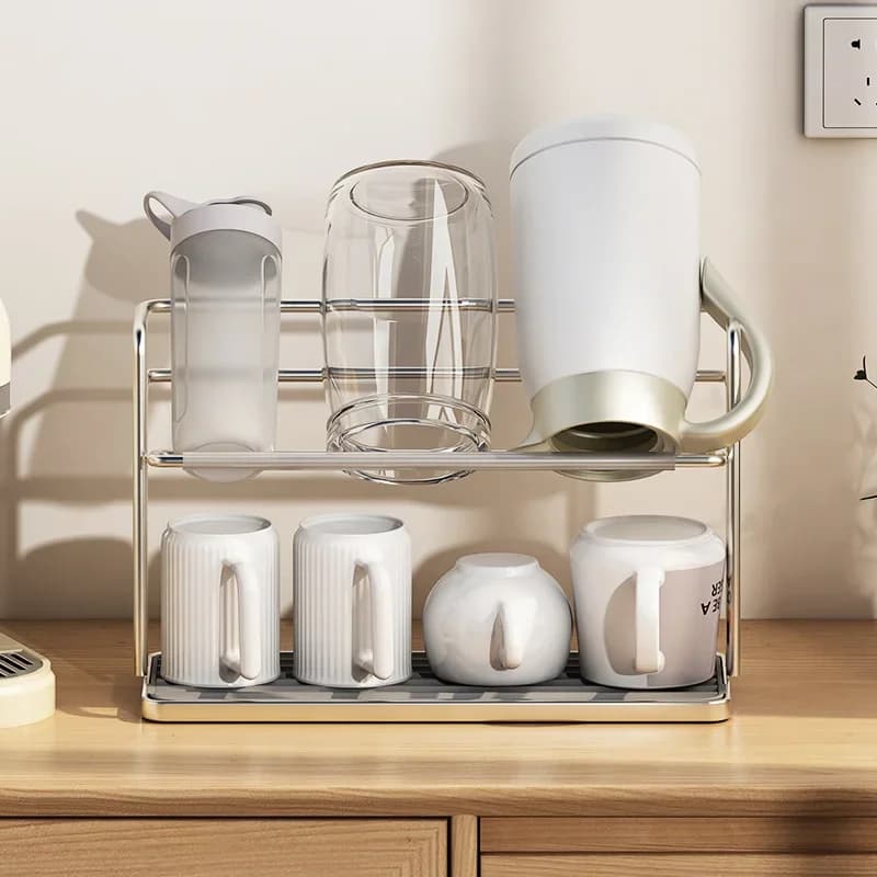 Giá Úp Cốc Chén Inox 2 Tầng Kèm Khay Hứng Nước Tiện Lợi Cho Nhà Bếp