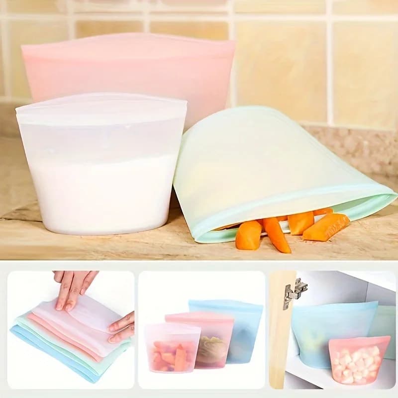 Set 1/3 Túi Silicon Đựng Thực Phẩm Ziplock Chống Rò Rỉ Bảo Quản Tủ Lạnh