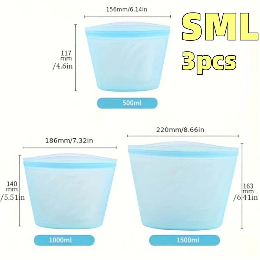 Set 1/3 Túi Silicon Đựng Thực Phẩm Ziplock Chống Rò Rỉ Bảo Quản Tủ Lạnh