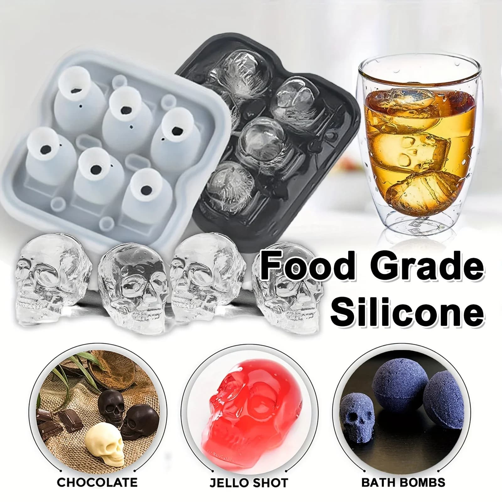 Khuôn Đá Silicon Hình Đầu Lâu 3D Không Chứa BPA Cho Cocktail
