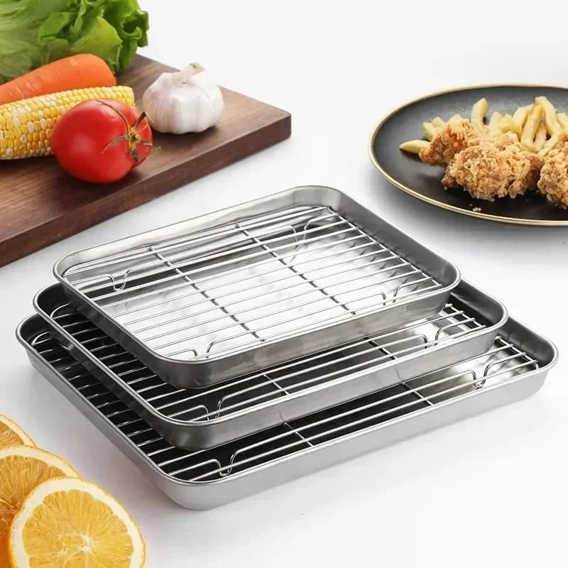 Khay nướng inox kèm giá lưới đa năng cho lò nướng BBQ bánh ngọt