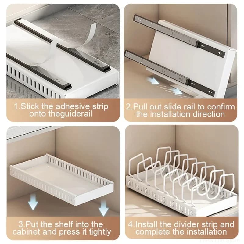 Kệ Trượt Đa Năng Kéo Rút Đựng Nắp Vung, Gia Vị & Bát Đĩa Nhà Bếp