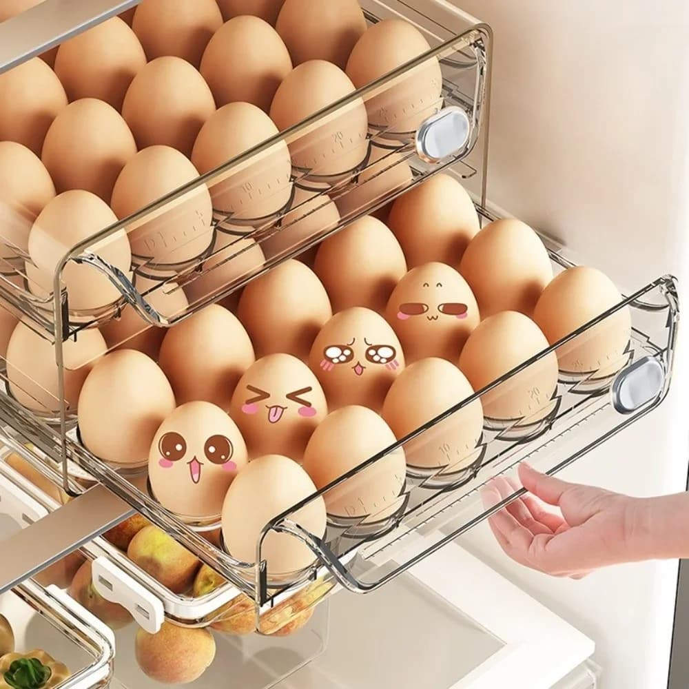 Hộp Đựng Trứng 2 Tầng Trong Suốt Bằng Nhựa Có Thước Đo Thời Gian Ngăn Kéo Tiện Lợi