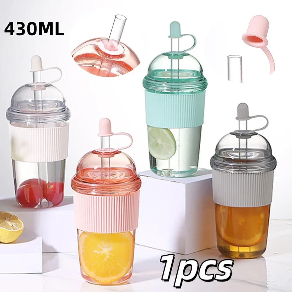 Cốc Nhựa Có Ống Hút Bật 430ml Phong Cách Ins Đựng Trà, Cà Phê Chịu Nhiệt