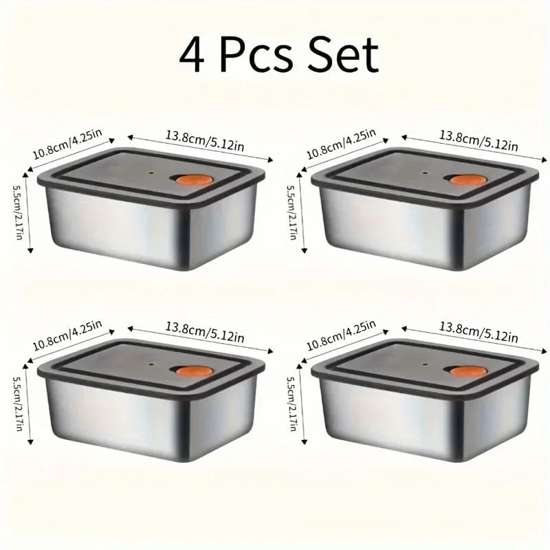 Bộ 4 Hộp Bảo Quản Thực Phẩm Inox Dày Dặn Chống Rò Rỉ, Không Chứa BPA - Xếp Chồng Tủ Lạnh, Tủ Đông